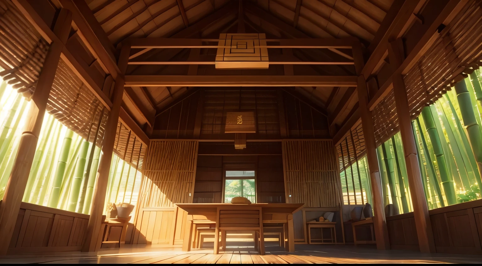 beautiful background, (in the bamboo houses), green bamboo,some, two bamboo tables, real and anime style, chromatic aberration, ray tracing, reflection light, depth of field, (wide shot), (masterpiece), best quality, high quality, highres, high details, 4K, HD, 1080P