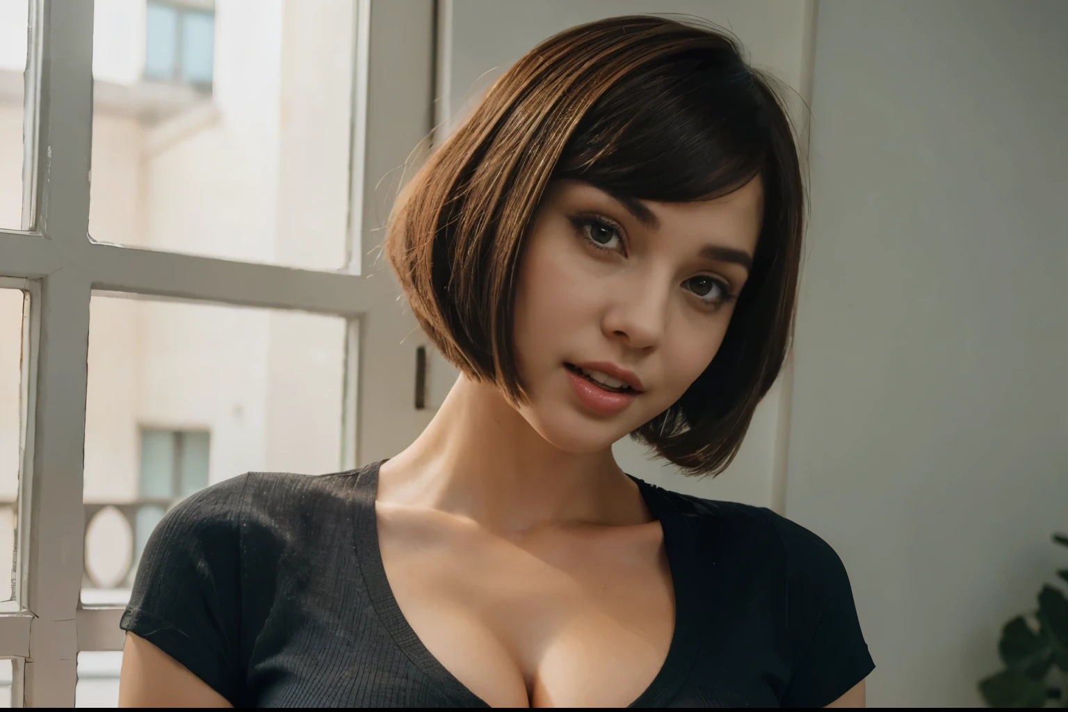 Beautiful lady, bob cut hair, tight shirt, big breasts, cleavage, perfect teeth, round eyes
