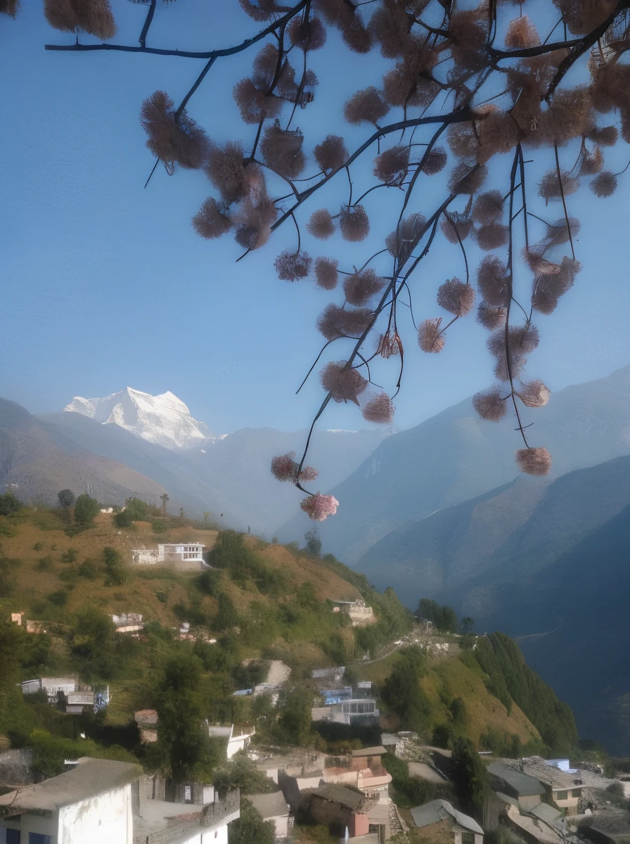 a view of a town with a mountain in the background, uttarakhand, breathtaking himalayan landscape, himalayas, view of villages, scenary, beautiful mountains behind, beautiful scenery, very beautiful scenery, with village, with mountains in background, beautiful view, village, landscape view, by Rajesh Soni, above view, nepal, in mountains, with mountains in the background