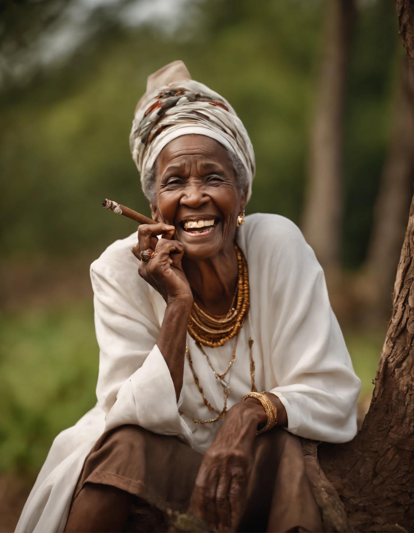 Woman,smoking old pipe,Smoke coming out, white cloth on the head.fat black, sitting,holding a white candle in your hand,70 years old,sitting na cadeira de balanço, in front of your thatched house,old white slave dress,fat woman,lit candle, benzimento,with poor black child