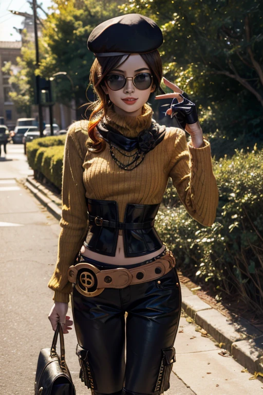 (masterpiece, best quality:1.2), cowboy shot, solo, 1girl, coco adel, grin, looking at viewer, hand on hip, beret, sunglasses, orange sweater, corset, black gloves, pants, jewelry, belt, bandolier