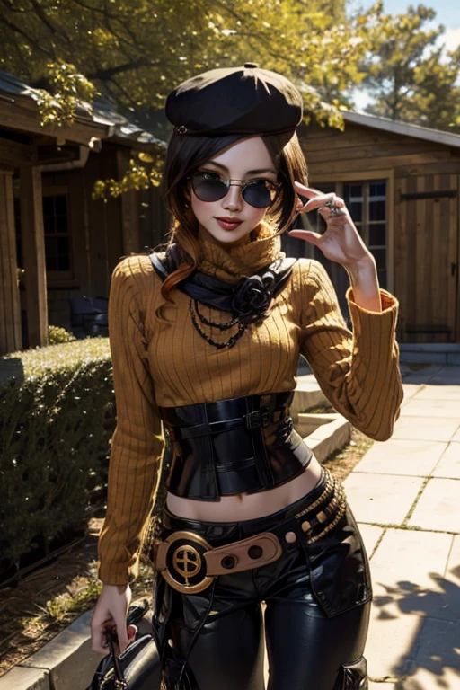 (masterpiece, best quality:1.2), cowboy shot, solo, 1girl, coco adel, grin, looking at viewer, hand on hip, beret, sunglasses, orange sweater, corset, black gloves, pants, jewelry, belt, bandolier