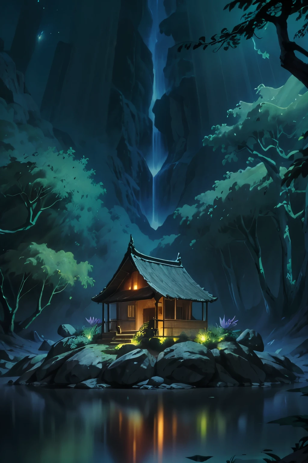 master part, best quality, (Muito detalhado CG unidade 8k papel de parede), (best quality), (best illustration), (Melhores Sombras), Sprite Luminoso, mountain riacho, (arquitetura chinesa antiga), riacho, Clear water near the lake, elementos naturais in a forest theme. Floresta Misteriosa da Noite, beautiful Noite forest, lotus in water, Degraus de pedra, ponte de pedra, Noite nature surrounded by Noite flowers, folhas e galhos vermelhos cercados por vaga-lumes (elementos naturais), (Noite blackout), (Noite dark sky), (Noite jungle theme), (grama vermelha brilhante), (deixar ranchos), (vaga-lumes vermelhos), (particle effects), ..3d, fundo escuro, octane rendering, ray tracing, Super Detalhe, Noite, lua