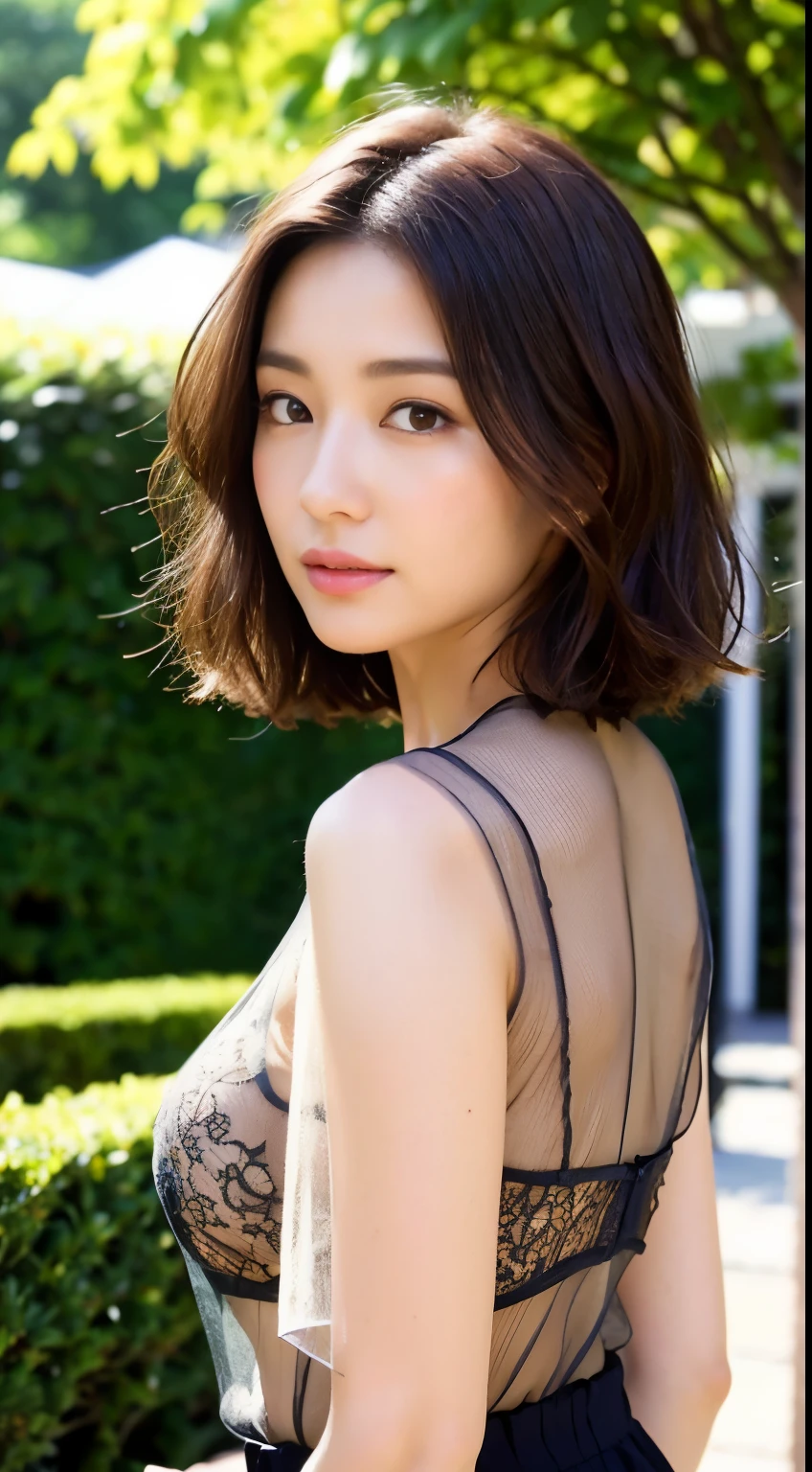 Skinny Japanese woman, Dressed, small head, cute face, detailed face, detailed eyes, (photographrealistic:1.4), (Hyper realistic:1.4), (Realistic:1.3), (Smoother lighting:1.05), (increase cinematic lighting quality:0.9), 32K, 1girl in, 30-years old, Realistic lighting, Backlighting, Light on Face, raytrace, (Brightening light:1.2), (Increase quality:1.4), (Top quality real texture skins:1.4), Black underwear, a necklace, Very thin waist, slender legs, (Increase body line mood:1.1), (Increase the beauty of skin texture:1.1)