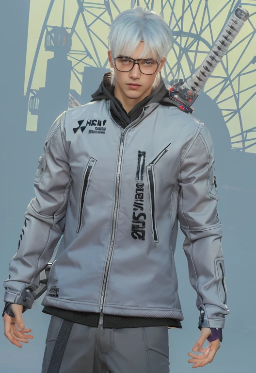 Best quality, masterpiece, ultra high res, (photorealistic:1.4), raw photo, 1man, white hair, white eyes, detailed eyes and face, white suit, dynamic lighting,glasses, in the dark, deep shadow, low key, cowboy shot full-lenght body