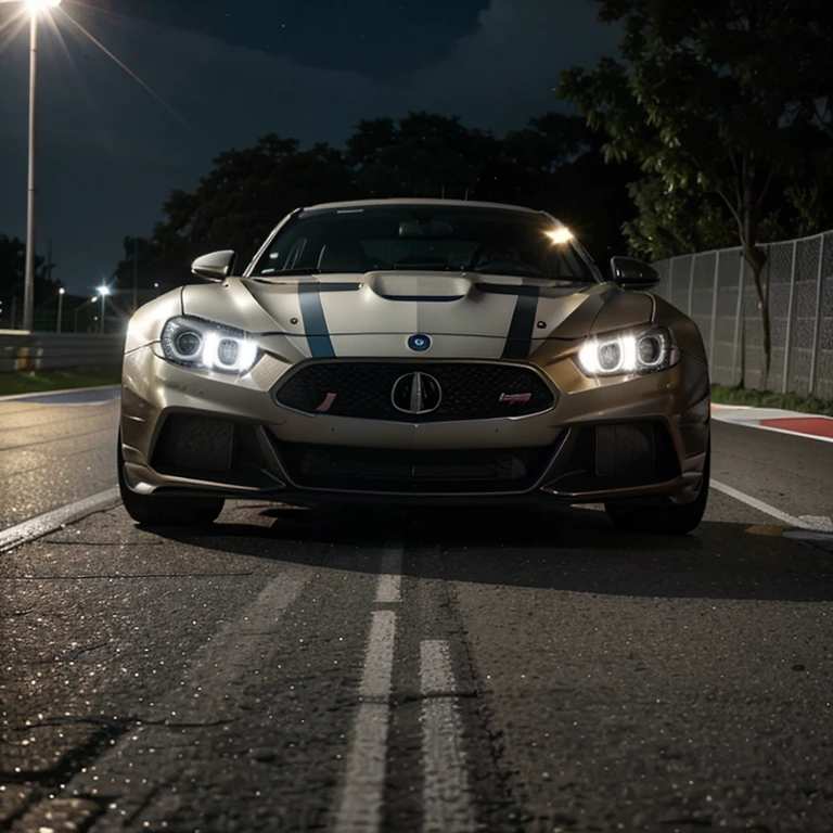 Um carro de formula 1 colorido, captured at a low angle with a DSLR camera and a wide-angle lens, running on a track at night with lights shining from behind and creating a flare effect. A foto tem uma profundidade de campo rasa, um ISO baixo e uma velocidade do obturador alta para congelar o movimento do carro