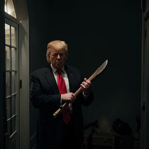 Donald Trump cutting his left hand with a big axe, lots of blood