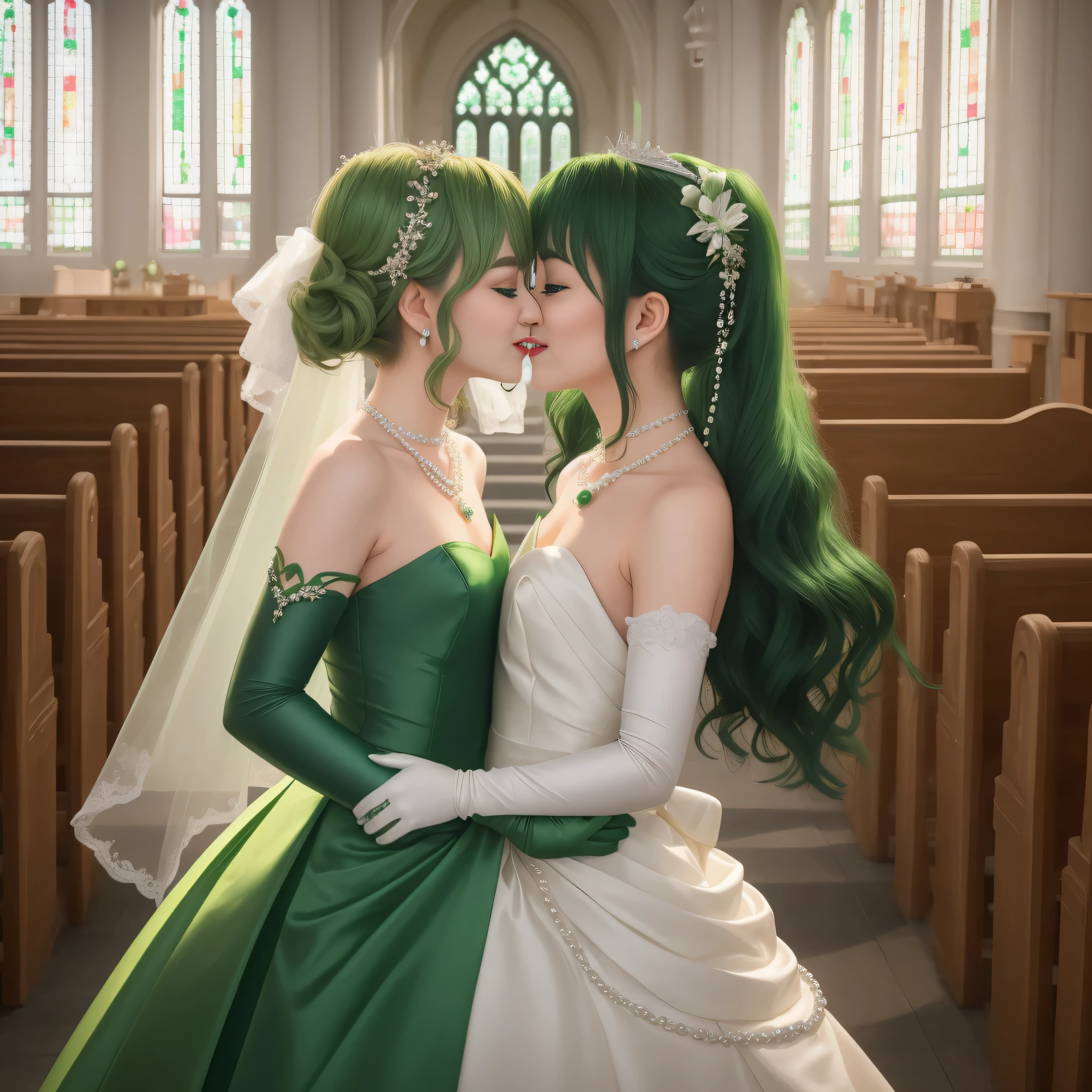 hight resolution、ultra-detailliert、(1girl in:1.3), 教会でthe kissをする二人の女性, Green Satin Long Gloves, Green Wedding Dresses, Green shorthair, lipsticks, the kiss, bride, Green Pearl Necklace, Green Bride, lesbian,emerald tiara, Green Pearl Necklace, Boyish very short green hair, lipsticks, Japan woman smiling, very short short hair, big breasts beautiful, Green eyes, Long green gloves made of satin material, Green eyes