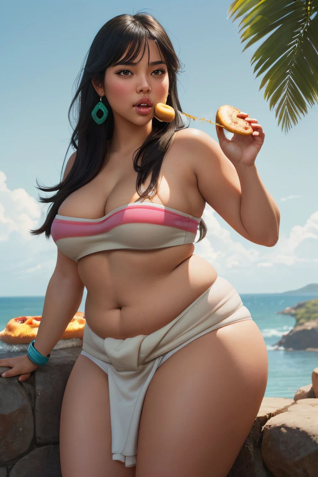 masterpiece, (photorealistic), (8k wallpaper) , (best quality), perfect quality, solo, (detailed eyes:0.9), girl, Chel, eating donut, shoving donut into mouth, overeating, latin, face : ( very beautiful face, biting donut, opened mouth, cute face, pleasure, thin face, perfect face ), figure: (very full figure, sexy, sexy pose, very thicc, curvy, very chubby, chubby belly, navel, love handles, muffin top, fat thighs, thunder thighs), clothes : ( tight loincloth )