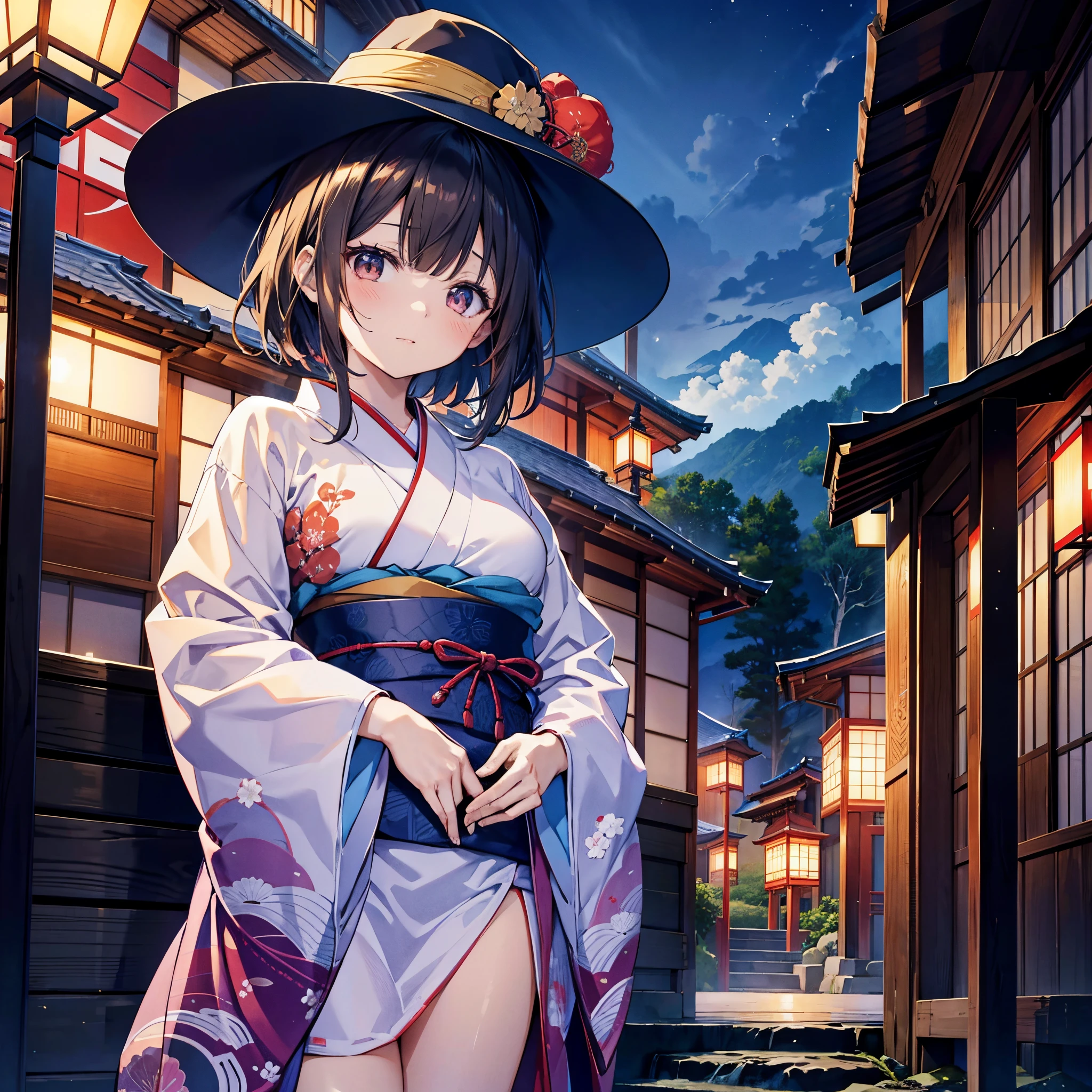 Japanese traditional style hotel、An adult woman with short brown hair and lob hair wearing a yukata、She wears a large black witch hat with sapphire accessories、R18 Illustration、Eromanga、erotic illustration、Two-dimensional illustration、Japan Anime、drawn by Japanese ilastrator、high-level image quality、4K picture quality、High Quality、hight resolution、5 million pixels、high détails、