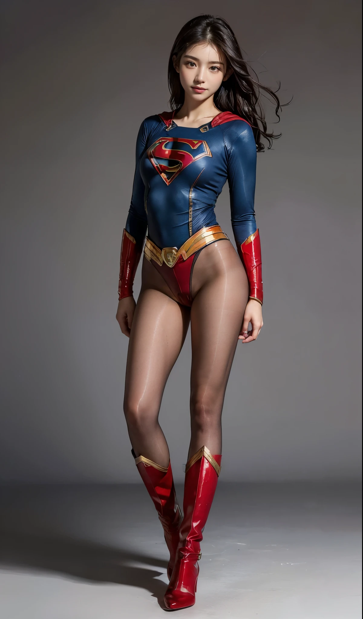 Are sleeping、lying back on、(((Wear black tights on your beautiful legs.)))、(((Grow legs、tall、Legally express the beauty of your smile)))、((((Make the most of the original image)))、(((Supergirl Costume)))、(((beautiful hairl)))、(((Suffering)))、(((Feet must necessarily be worn with black tights)))、(((You need to wear red boots)))、((Top image quality、8K))、((top-quality、8K、masterpiece:1.3))、(((Keep Background )))、Crisp focus:1.2、Beautiful woman with perfect body shape:1.4、Slender Abs:1.2、a wet body:1.5、Highly detailed facial and skin texture、8K