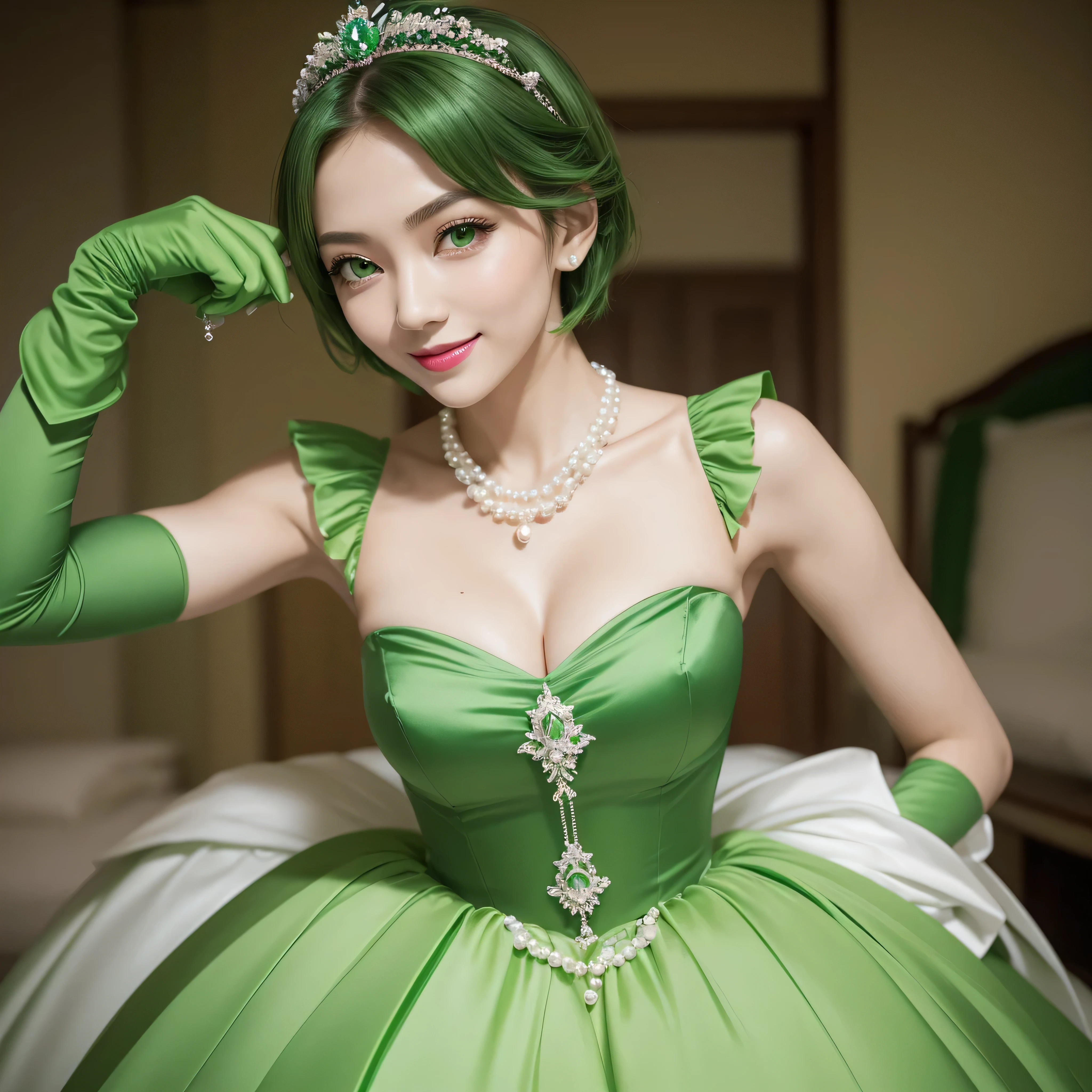 hight resolution、ultra-detailliert、(1girl in:1.3), 教会でthe kissをする二人の女性, Green Satin Long Gloves, Green Wedding Dresses, Green shorthair, lipsticks, the kiss, bride, Green Pearl Necklace, Green Bride, lesbian,emerald tiara, Green Pearl Necklace, Boyish very short green hair, lipsticks, Japan woman smiling, very short short hair, big breasts beautiful, Green eyes, Long green gloves made of satin material, Green eyes