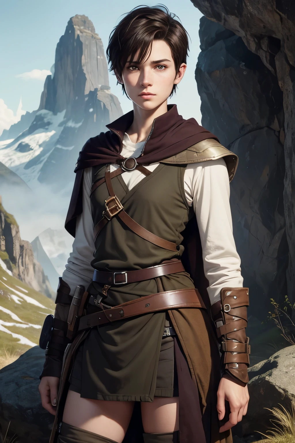 An androgynous female ranger. Fantasy setting. Very short hair. Short manly haircut. Dark-brown hair with a undercut. Very pale skin with freckles and liverspots. Round soft face. Round soft chin. Round soft cheeks. Curved lips. Long wide nose. Dark brown eyes. Upturned eyes. Very thin, barely visible eyebrows. Long neck. Slim. Small chest. Long thick legs. Friendly. Kind. Androgynous. Tomboyish. Wearing used rags. Background: A small viking village in the mountains.