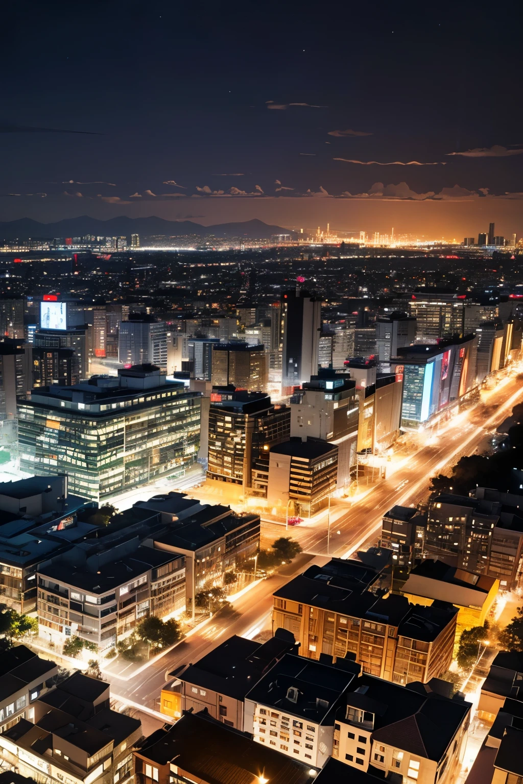 Neighborhood at night, cidade grande ao fundo. angulo de fotografia (masterpiece: 1.3), (Max Resolution: 1.2), (Ultra HDTV: 1.2), cinematiclight, Ultra HDTV, foco nítido: 1.2. clima sinistro