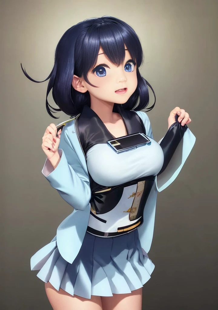 nothing background, japanaese girl, ((Long hair shawl)) , in a skirt, shirt and jacket, iPhone hanging on chest, Japanese cute art style, with her mouth open, eBlue eyes, Hold the sleeve corners, Long hair flowing in the wind, 4K, Detail optimization, Hand repair, face repair