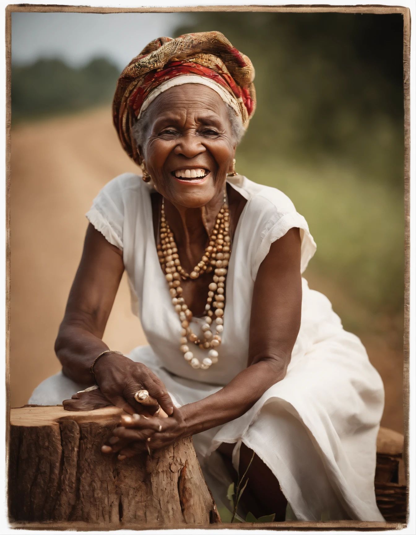 Laughing very old african woman with a very inviting enthusiastic expression, in the style of Frances Brundage, sitting on a tree stump, on the side of a country road, smoking a cigar, white traditional African clothing