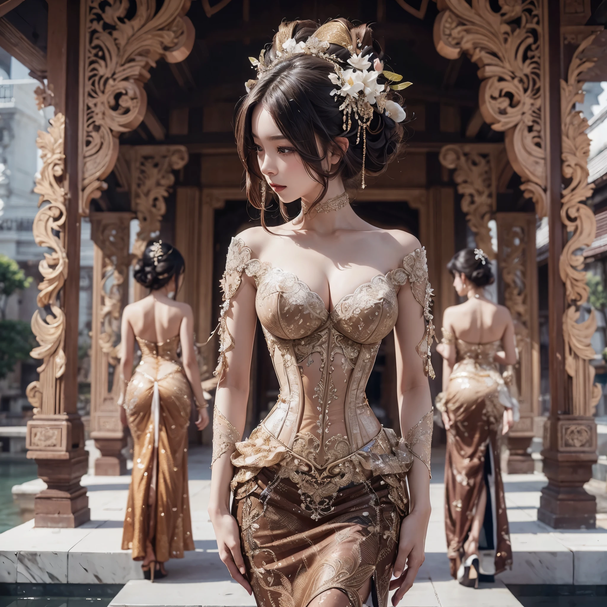 generate a lady with ((gigantic breast:1,9)), wearing tight luxury transparent kebaya, luxury bustier sexy transparent corset, batik tight long skirt and sanggul hair, slim waist, propotional body, standing in front of candi, she is kissing a man who wewr tuxedo, her aura is really beauty, make the picture looks so lovely, masterpiece, full body picture, hyperdetail, 8k, ambient effect, digital effect, nsfw, completly naked, nude , nipples