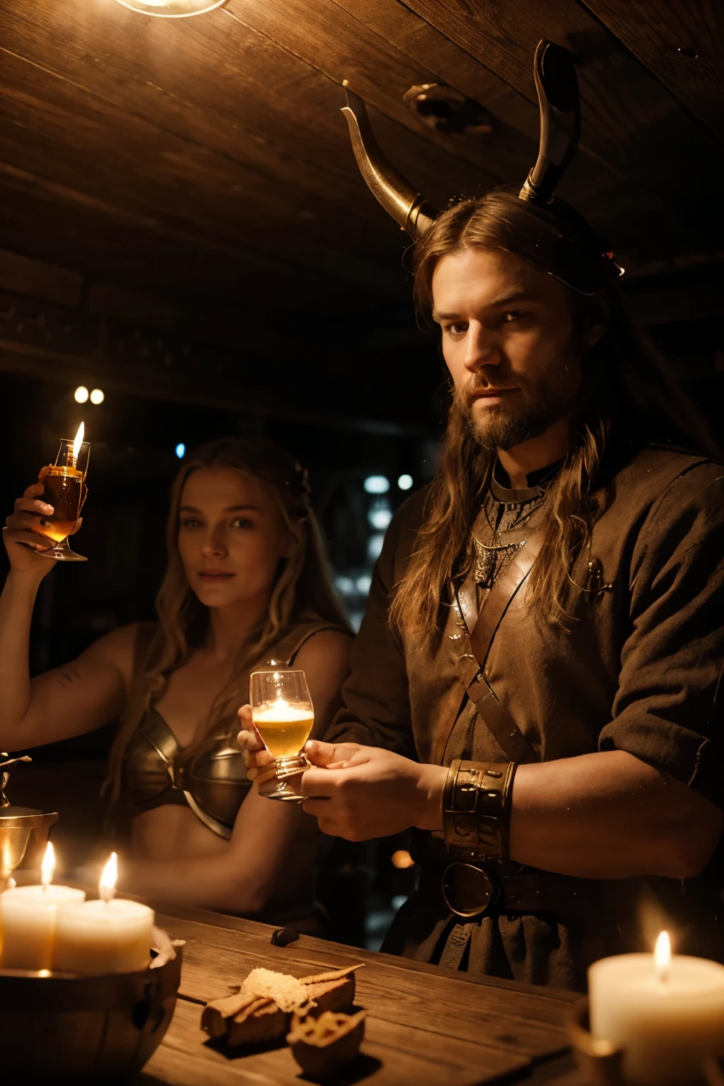 Certainly! Here's the prompt in English:
Create a captivating scene of artificial intelligence in Viking style, aboard a Viking ship in the year 700 AD, celebrating an epic victory with the mark "9.2". The image should realistically depict Viking warriors toasting with their mead horns while the boat's atmosphere is illuminated by torchlight, highlighting the festive and triumphant atmosphere of the celebration.