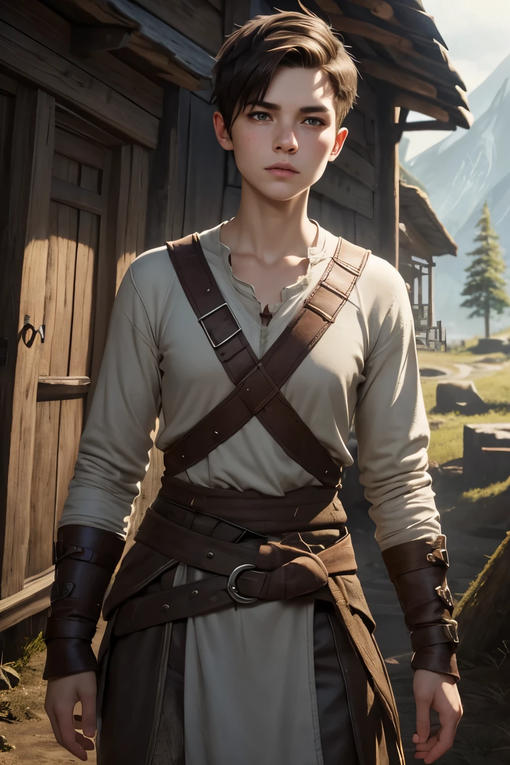 An androgynous female lumberjack. Fantasy setting. Very short hair. Short manly haircut. Dark-brown hair with a undercut. Very pale skin with freckles and liverspots. Round soft face. Round soft chin. Round soft cheeks. Curved lips. Long wide nose. Dark brown eyes. Upturned eyes. Very thin, barely visible eyebrows. Long neck. Slim. Small chest. Long thick legs. Friendly. Kind. Androgynous. Tomboyish. Wearing used rags. Background: A small viking village.