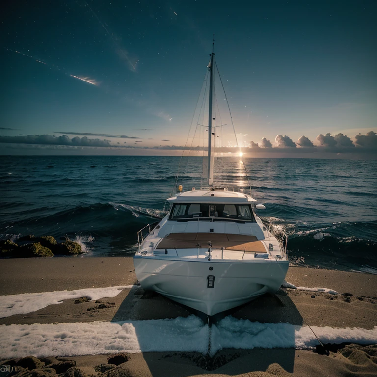 The catamaran, captured at a low angle with a DSLR camera and a wide-angle lens, on a Sea at night with lights shining from behind and creating a flare effect. A foto tem uma profundidade de campo rasa, um ISO baixo e uma velocidade do obturador alta para congelar o movimento do carro