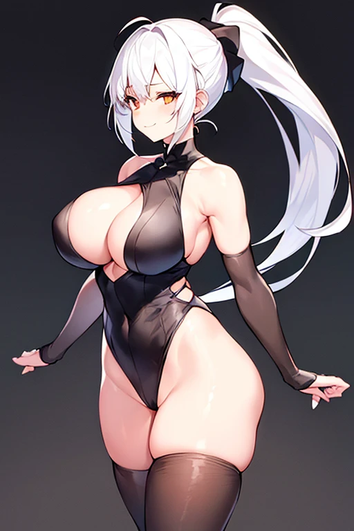 1girl, white hair, breasts, large breasts, wide hips, ponytail, long ponytail, pixie cut, very short hair, cleavage cutout, sleeveless, leotard, black leotard, elbow gloves, black thighhighs, fingerless gloves, leotard, black leotard, smile, full body, ((full body)), high ponytail, large ponytail, long ponytail