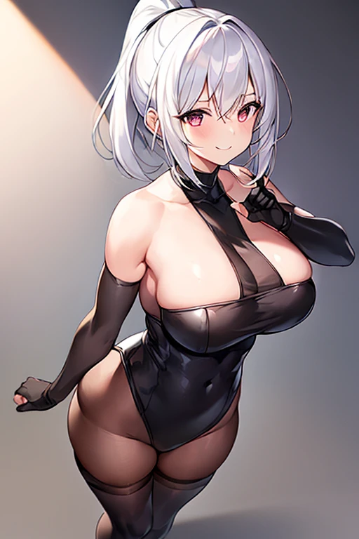 1girl, white hair, breasts, large breasts, wide hips, ponytail, long ponytail, pixie cut, very short hair, cleavage cutout, sleeveless, leotard, black leotard, elbow gloves, black thighhighs, fingerless gloves, leotard, black leotard, smile, full body, ((full body)), high ponytail, large ponytail, long ponytail