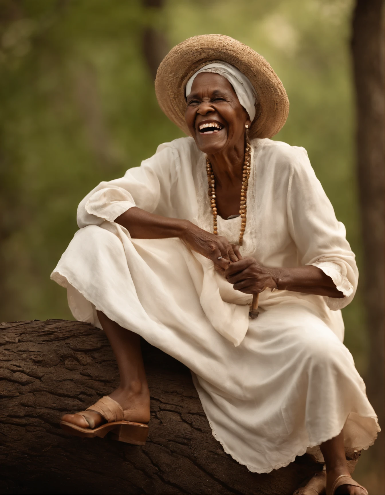 Laughing very old african woman with a very inviting enthusiastic expression, in the style of Frances Brundage, sitting on a tree stump, on the side of a country road, smoking a cigar, white traditional African clothing