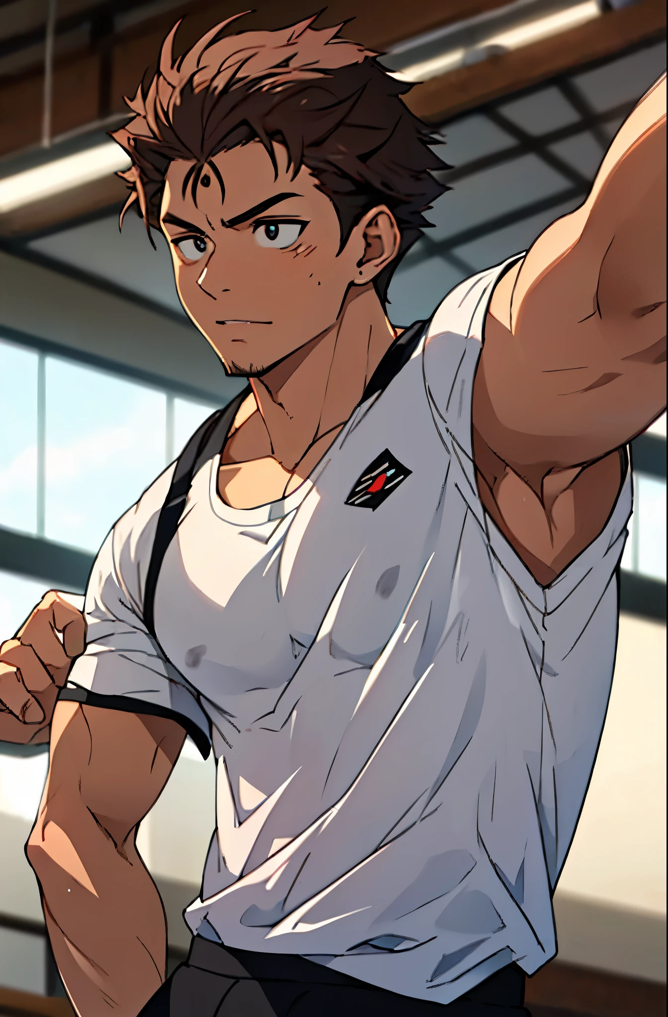 A mais alta qualidade, 8K, image high resolution, Detailed strokes, stretching out in a gym , suado, adolecente, lion men, wearing a tank top , masculo, chest a little tight in the shirt , (angulo de baixo), (perto da cameitorais definidos, defined arms, abdomen definido, perna definida, com a camisa,