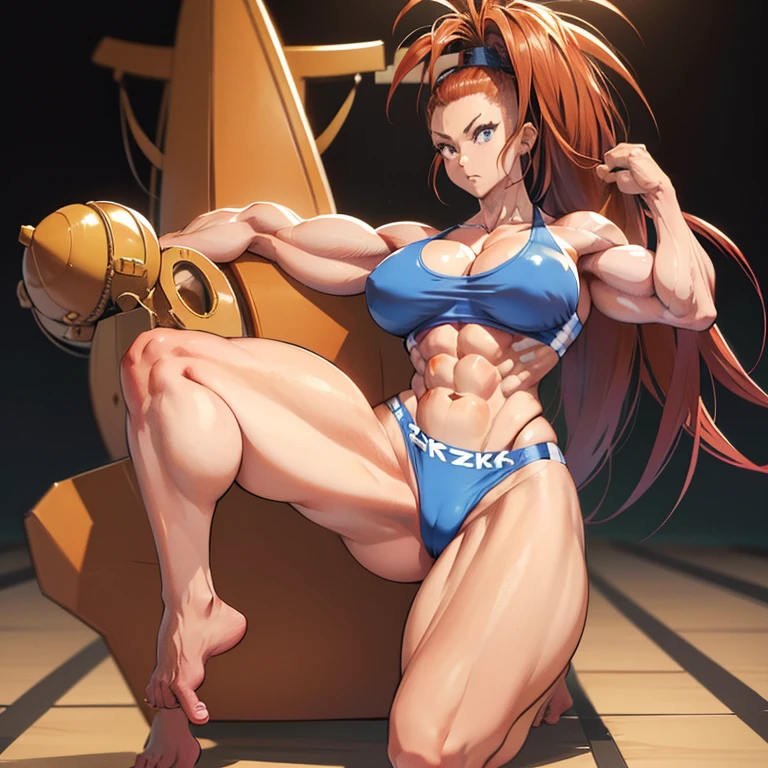 Anime, High quality full body image of Captain Mizuki (one pusch ms Bodybuilderin im engen Bikini, tanga, ohne Schuhe, feet, bare feet, massive muscular body, huge muscular shoulders, Massive big biceps, Venen im Bizeps, Muskelbeine, massive muscular abs, bizeps flex. posierend, Sie schwitzt, very muscular, The toned body shines in the spotlight, Sie trainiert Kickboxen, sie ist im einen Boxring, she is the strongest,sie macht Kickboxen im Ring , a lot of muscular