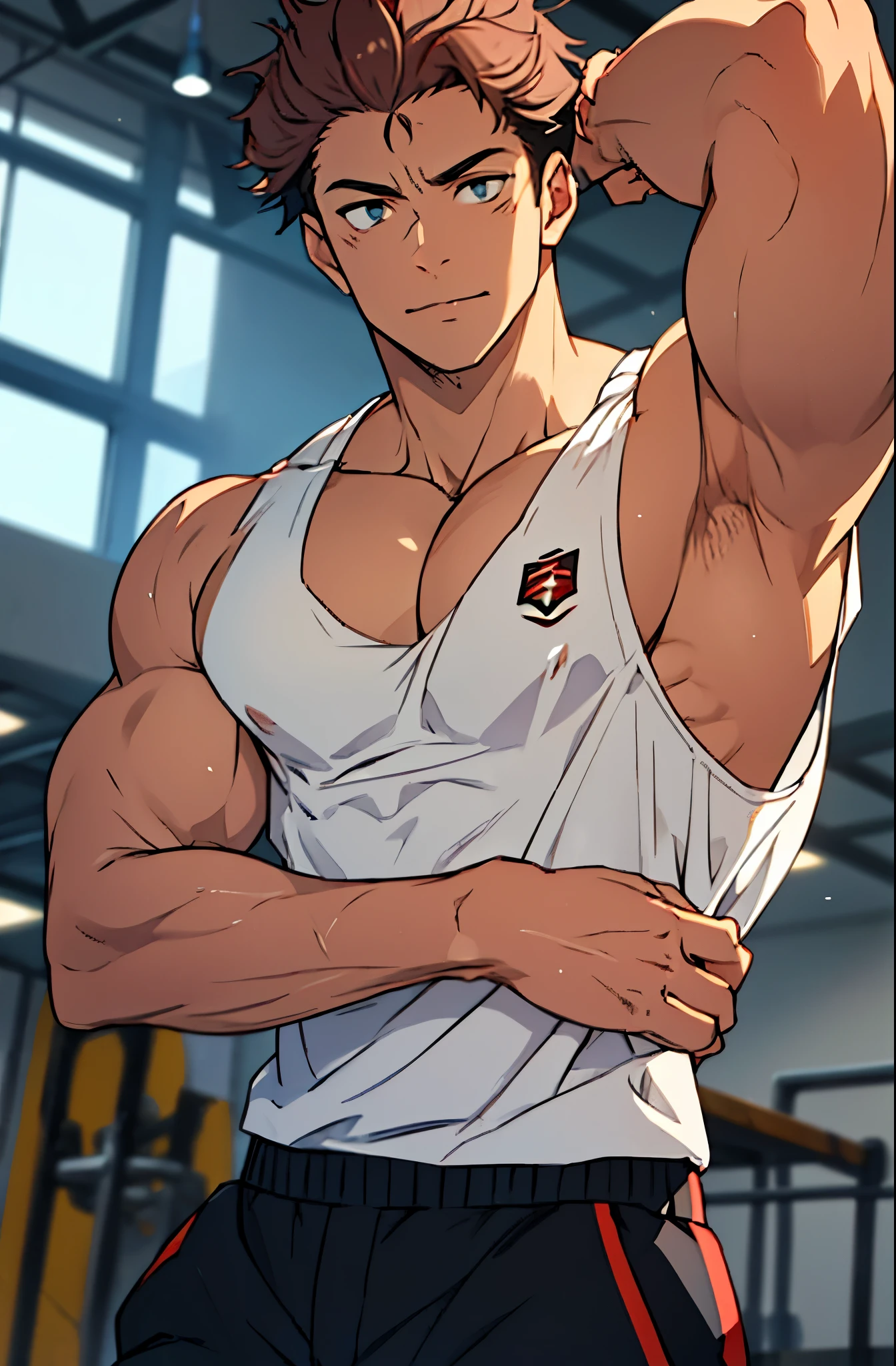 A mais alta qualidade, 8K, image high resolution, Detailed strokes, stretching out in a gym , suado, adolecente, lion men, wearing a tank top , masculo, chest a little tight in the shirt , (angulo de baixo), (perto da camera), peitorais definidos, defined arms, abdomen definido, perna definida, com a camisa,