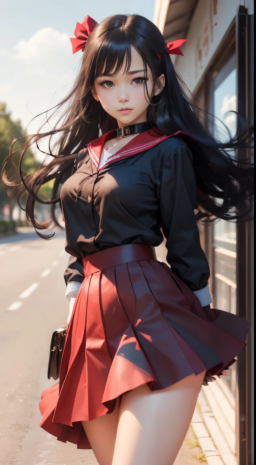 masutepiece, Best Quality, High resolution, SAMA1, tiarra, Sailor Sensi uniform, White Gloves, Red sailor collar, (Red skirt), Star Necklace, elbow groves, Pleated skirt, Bare legged, Purple bow, Denim Shooting, plein air, Bokeh (((85mm fixing lens, Gentle expression, wind blowing hair, hair (Black)