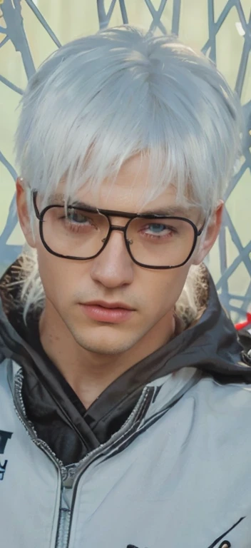 Best quality, masterpiece, ultra high res, (photorealistic:1.4), raw photo, man, white hair, white eyes, detailed eyes and face, white suit, dynamic lighting, in the dark, deep shadow, low key, cowboy shot full-lenght body