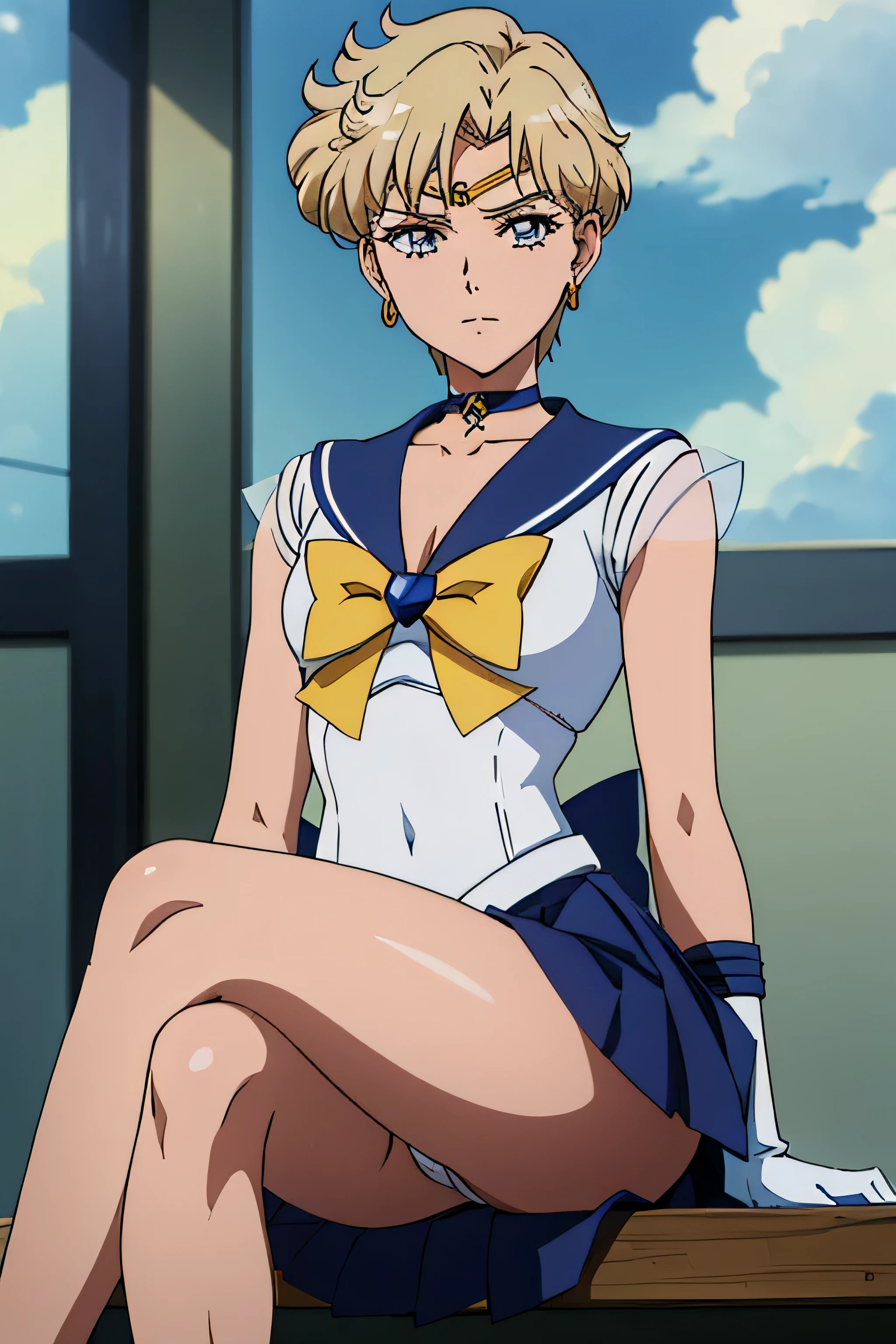 (La mejor calidad:1.1), (Obra maestra:1.4), (absurdos:1.0), retrato, primer plano,1girl, Marinero Urano, KizukiAi, Mujer madura, small breasts, aqua eyes, cabello rubio, Uniforme Sailor Senshi, Collar de marinero, arco de pecho, Arco trasero, Falda suplicante, Guantes blancos de codo, big booty, Ultra minifalda , jewely, Pendientes, falda plisada , Collar marinero azul, minifalda, gargantilla, blue gargantilla, Guantes blancos, pelo corto, jewely, Pendientes, sentada, Piernas cruzadas, muy sexy. PIERNAS ENROSCADAS, Show loot