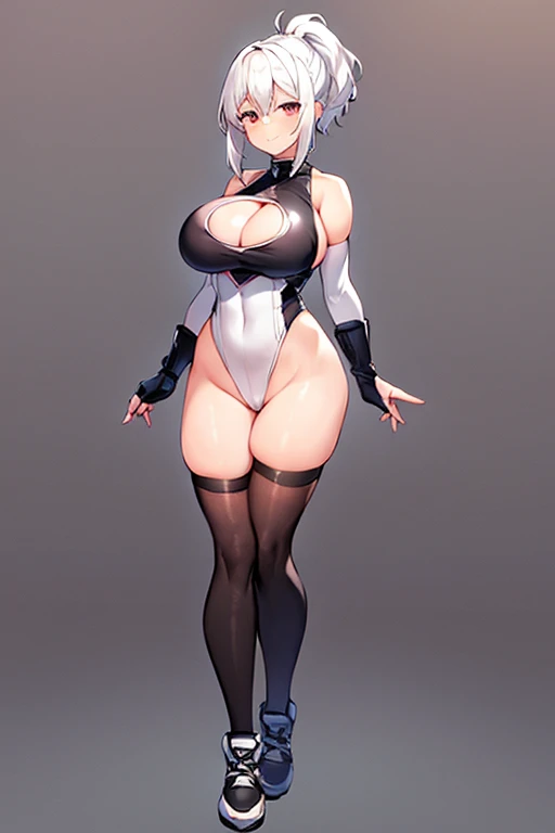 1girl, white hair, breasts, large breasts, wide hips, high ponytaul, ponytail, large ponytail, pixie cut, very short hair, leotard, black leotard, cleavage cutout, sleeveless, elbow gloves, fingerless gloves, thighhighs, smile, full body, ((full body)), standing, shoes