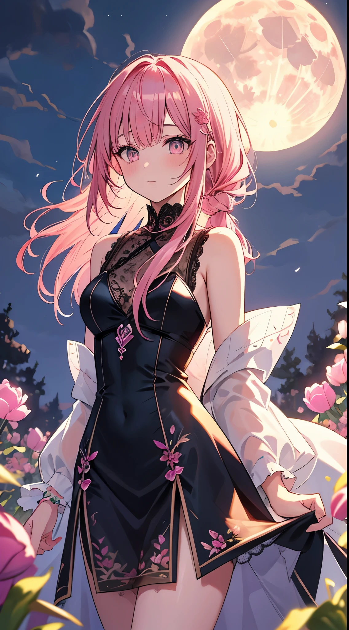 Sakura haruno, ((solo)), alone, ((forehead to show)), elegant,wearing a flowery dress, pink hair, delicate, young, long hair, detailed face, high definition, ((full body)), full body, ((serious)), in a garden, looking at the moon, she is a beautiful woman of success, face with high quality,CEO, defined eyes, high definition, sharp, sharp features