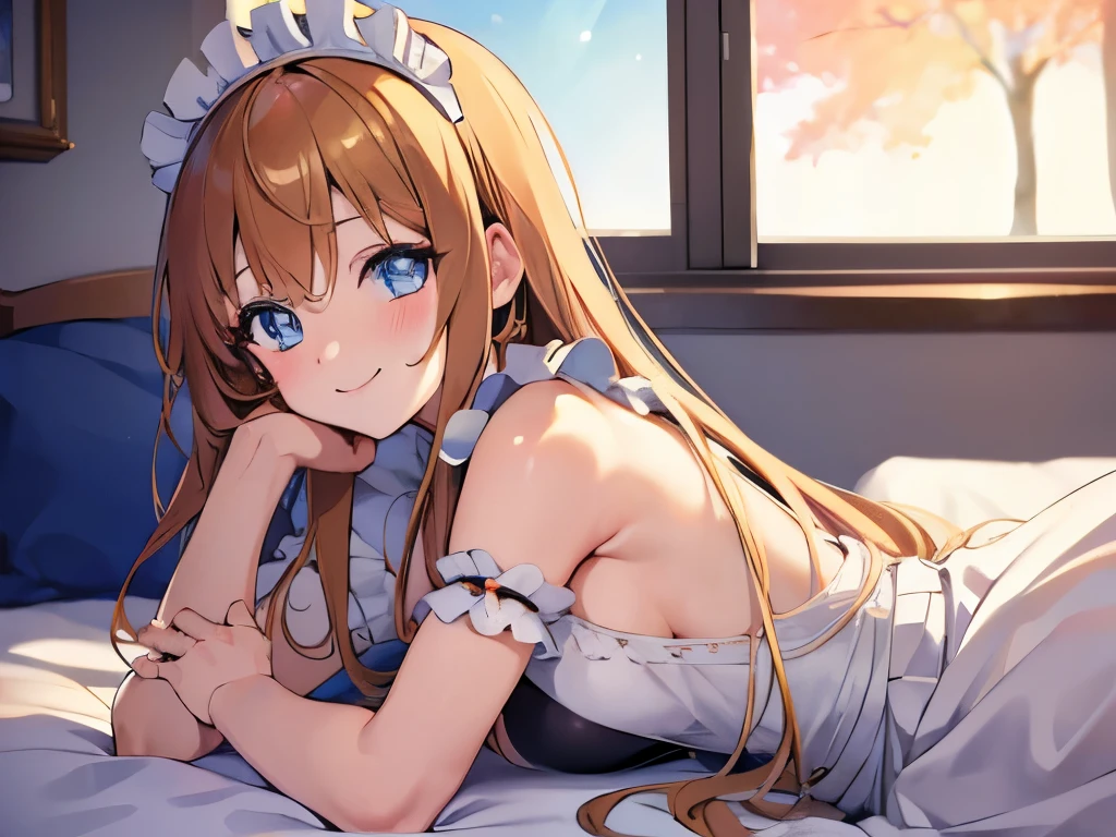 ((masterpiece)), ((best quality)), (ultra-detailed), anime style,on the bed, a cute girl, 1girl, solo, maid00, ((beautiful eyes))0, smile