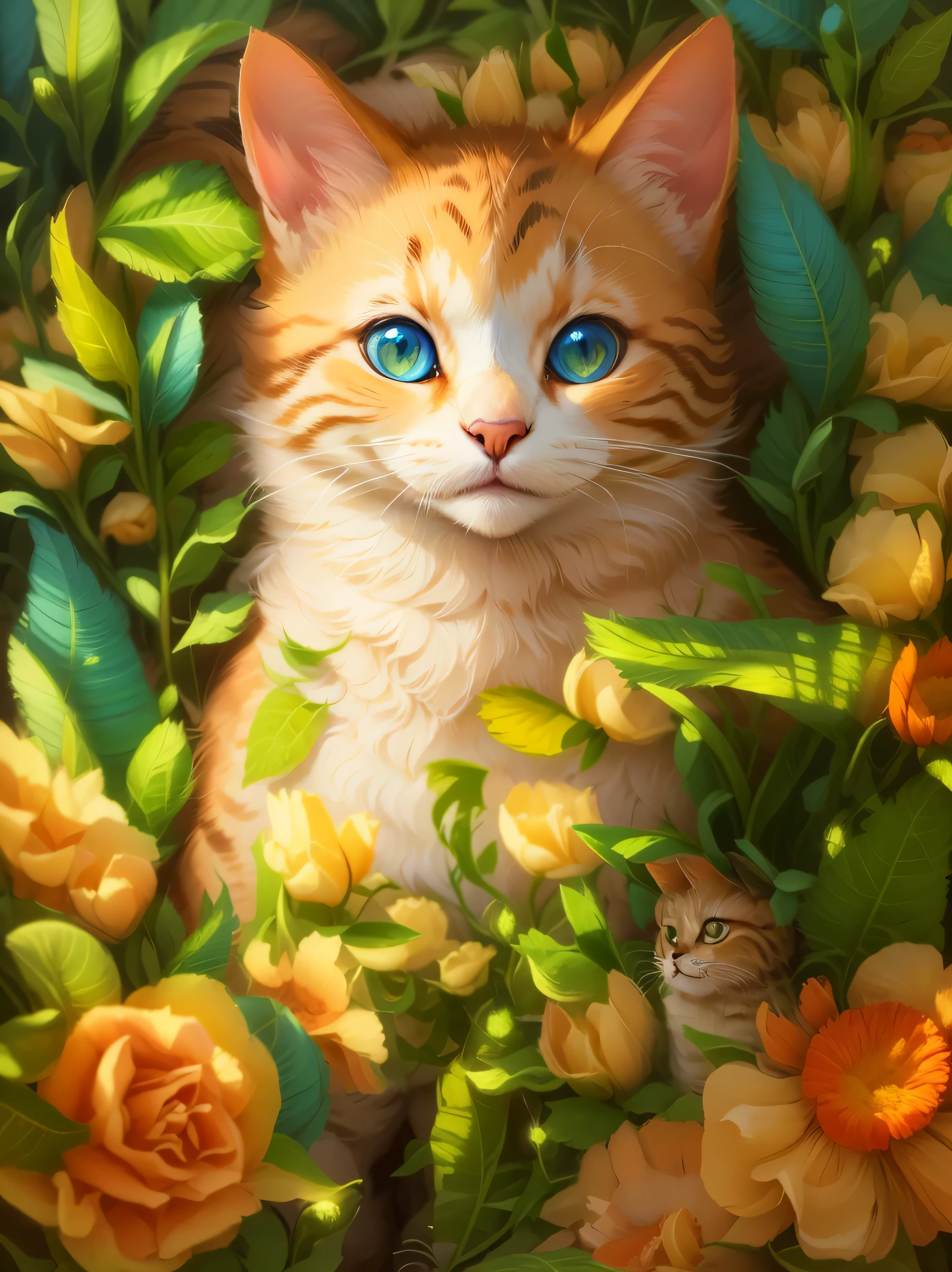 there is a drawing of a cat in a flower garden, gato detalhado, Desenho detalhado em 4K, desenho altamente detalhado, arte detalhada bonito, Highly detailed sketch, Arte detalhada 4k, linework altamente detalhado, Arte 4K altamente detalhada, Detalhe muito completo, arte digital detalhada bonito, Highly detailed illustration, trabalho de linha insanamente detalhado, Arte altamente detalhada em 4K, fanart detalhado