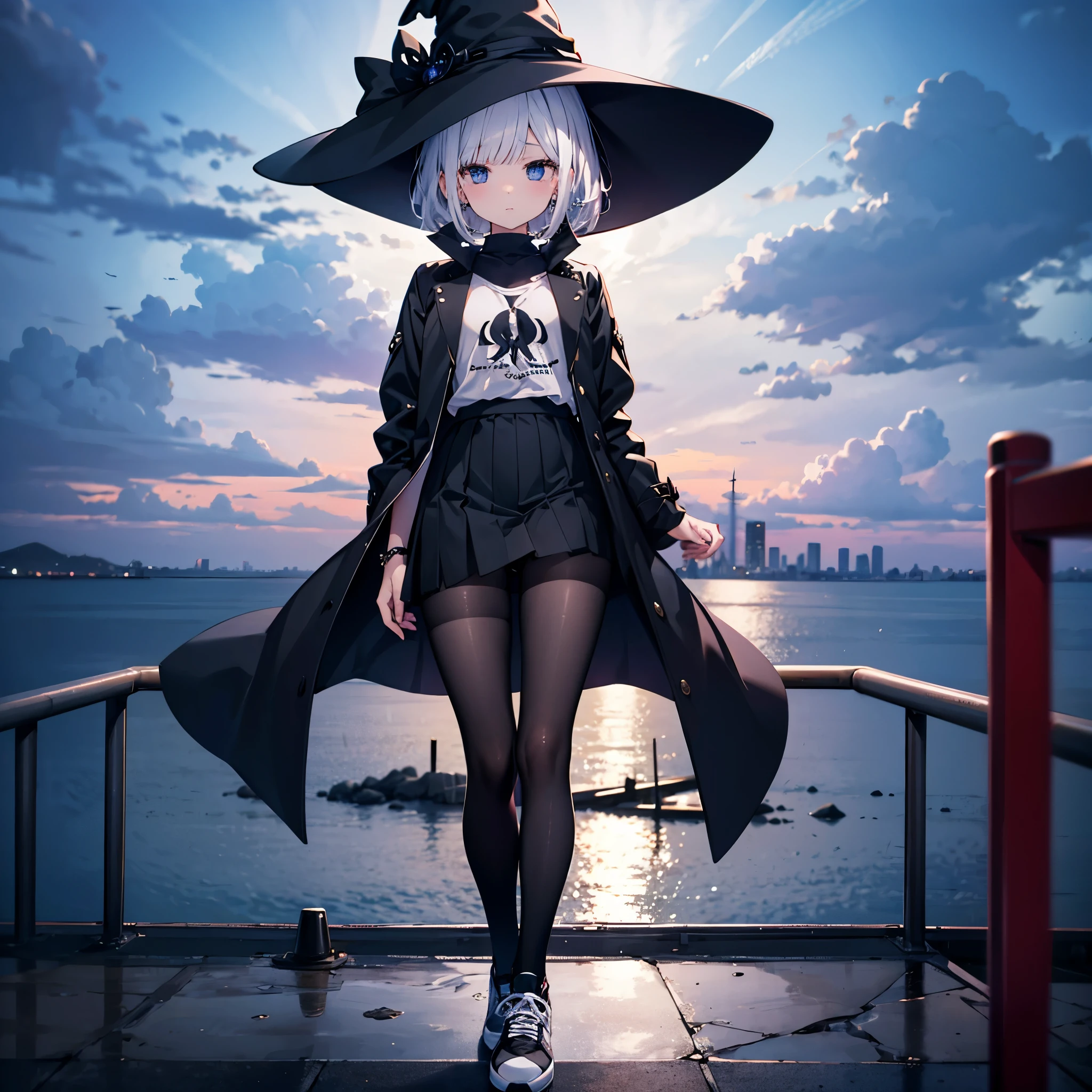 This is an adult woman in the rooftop observation room where you can see the night view of Tokyo and the sea.、、She has white lob hair with a short bob and wears a large black witch hat with sapphire accessories.、she is wearing a long black coat、I'm wearing a white T-shirt、Black long skirt、Black sneakers with white shoelaces、Black tights、Black Short Leggings、R18 Illustration、Eromanga、erotic illustration、Two-dimensional illustration、Japan Anime、drawn by Japanese ilastrator、high-level image quality、4K picture quality、High Quality、hight resolution、5 million pixels、high détails、uncensored、skirt tucking up and show me pantie、downblouse、Tuck up