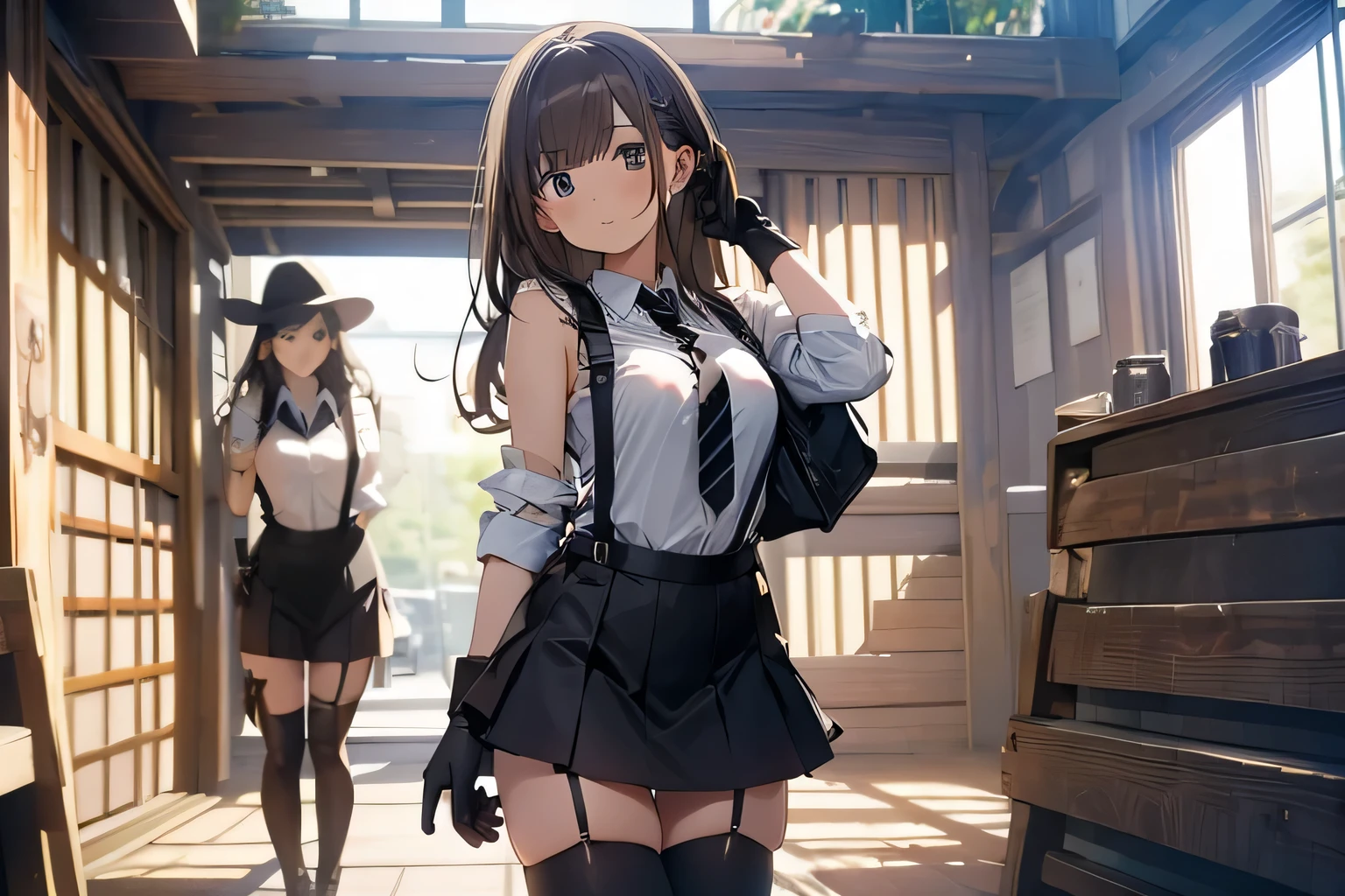 Brown hair、watching at viewers black suspenders bulging big tits walls: Black miniskirt garters Gaze a small face bangss holster Beautuful Women Hands up レッグholster ベッドに横たわる Gaze black boots panty shot Provocation flank flank汗 Single hand gloves arms are