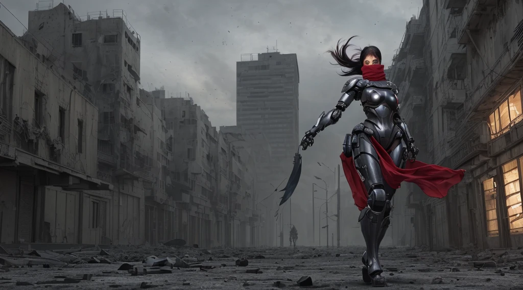 (Female Ninja Cruel Mech: 1.3, Full Body Covered Mech, Heavy AWP on Back, DSLR, Light Tracing, 3D, Concept Art, Action Painting, Film Lighting, Chiaroscuro) :(1.3). Highlighting the curve of the chest, the long white ponytail hair looks graceful and attractive. Masterpiece-like 8K resolution, (Murderous Death and Fear): 0.5, long red scarf fluttering in the wind, war-torn city as a backdrop.