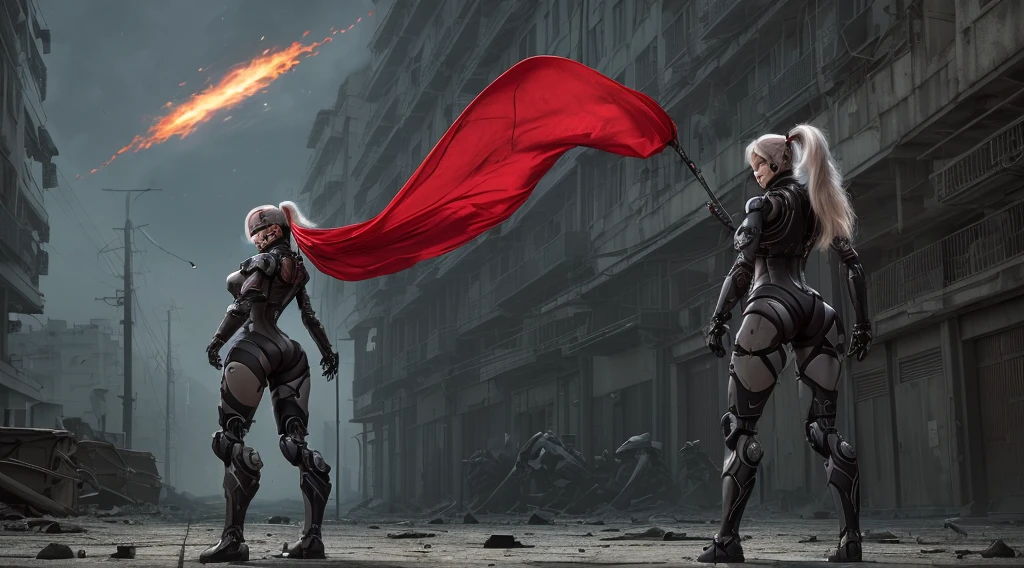(Female Ninja Cruel Mech: 1.3, Full Body Covered Mech, Heavy AWP on Back, DSLR, Light Tracing, 3D, Concept Art, Action Painting, Film Lighting, Chiaroscuro) :(1.3). Highlighting the curve of the chest, the long white ponytail hair looks graceful and attractive. Masterpiece-like 8K resolution, (Murderous Death and Fear): 0.5, long red scarf fluttering in the wind, war-torn city as a backdrop.