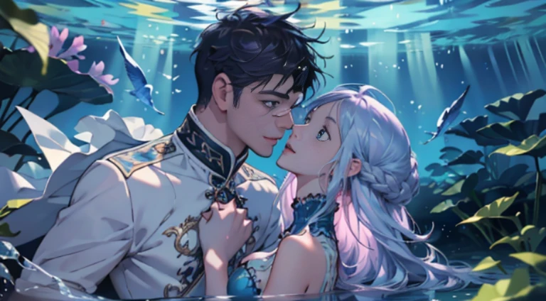 Vast Photos，（look from down，under the water），[(a man and a girl)+(the kiss)]，underwater, foam，（Warm light source：1.2），Lots of purple and blue，Plenty of detail，plethora of colors，Fluttering hair，romantic, Holding hands，In the water，bust shot，Ultra-high sharpness，Planktonic