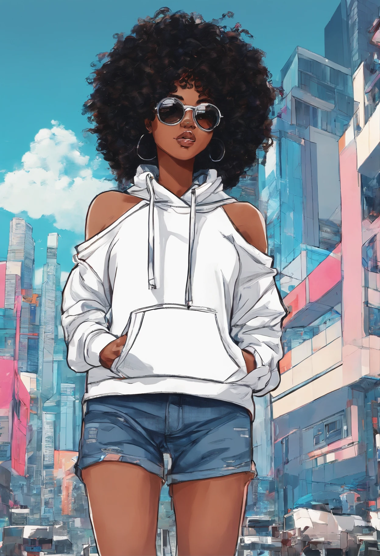 African girl, black hair, long white off the shoulder hoodie, aviator glasses, insanely detailed, 8k, high definition