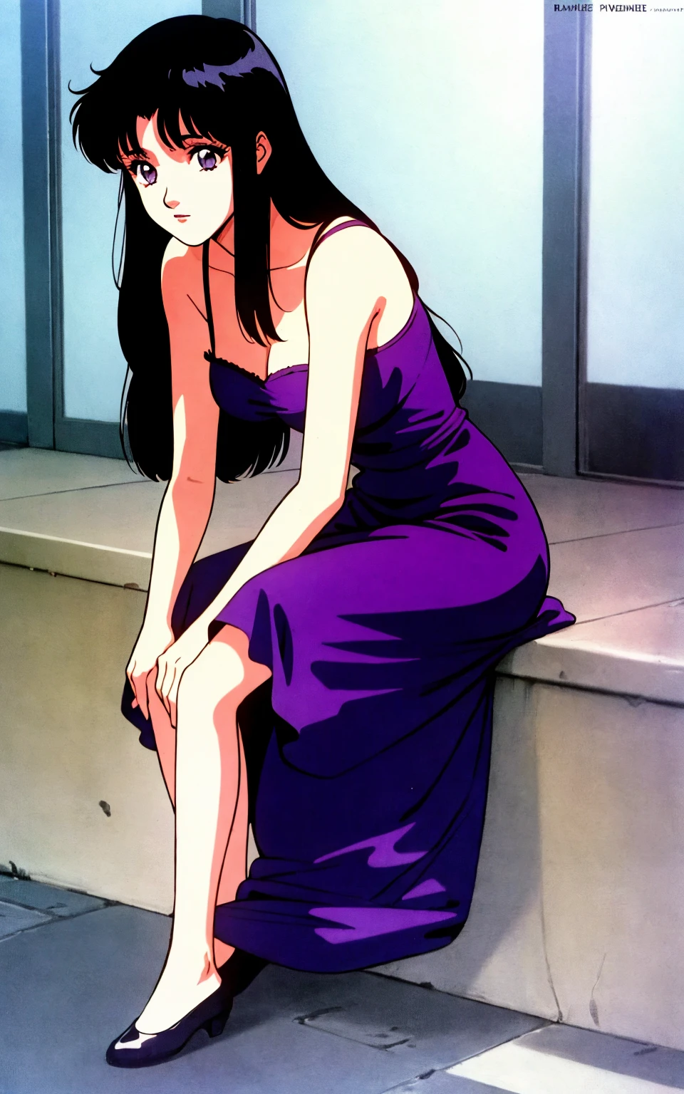 mima kirigoe, perfect blue, 1girl, solo, very long hair, dress, 1990s \(style\), full body, sitting, black hair, purple eyes