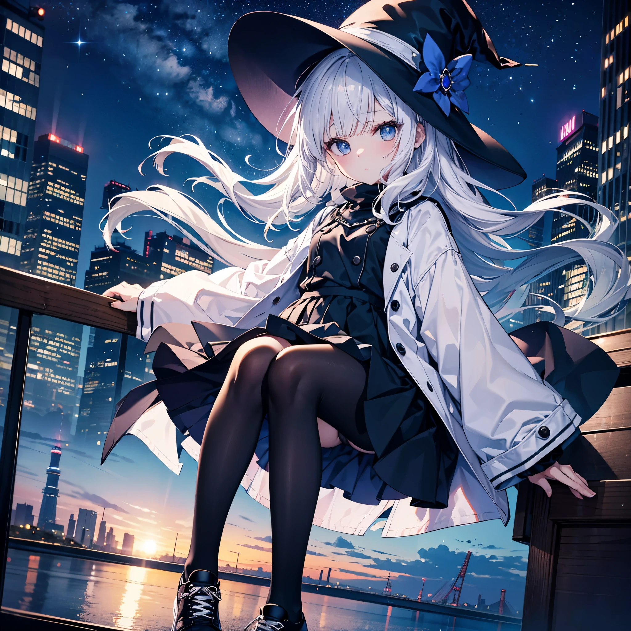 This is an adult woman in the rooftop observation room where you can see the night view of Tokyo and the sea.、、She has white lob hair with a short bob and wears a large black witch hat with sapphire accessories.、she is wearing a long black coat、I'm wearing a white T-shirt、Black long skirt、Black sneakers with white shoelaces、Black tights、Black Short Leggings、R18 Illustration、Eromanga、erotic illustration、Two-dimensional illustration、Japan Anime、drawn by Japanese ilastrator、high-level image quality、4K picture quality、High Quality、hight resolution、5 million pixels、high détails、uncensored、skirt tucking up and show me pantie、downblouse、Tuck up