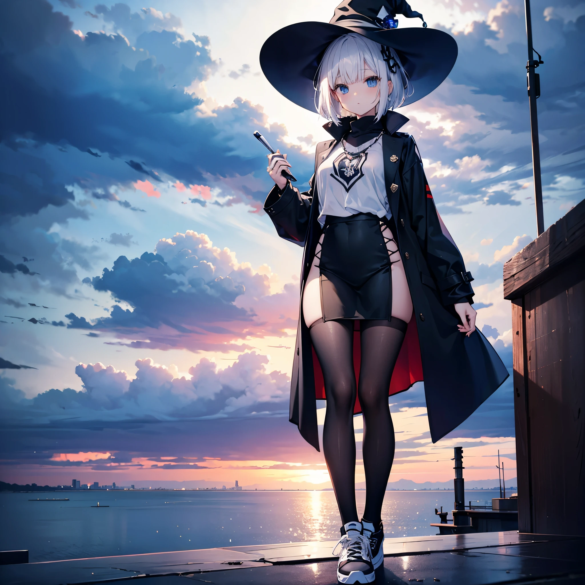 This is an adult woman in the rooftop observation room where you can see the night view of Tokyo and the sea.、、She has white lob hair with a short bob and wears a large black witch hat with sapphire accessories.、she is wearing a long black coat、I&#39;m wearing a white T-shirt、Black long skirt、Black sneakers with white shoelaces、Black tights、Black Short Leggings、R18 Illustration、Eromanga、erotic illustration、Two-dimensional illustration、Japan Anime、drawn by Japanese ilastrator、high-level image quality、4K picture quality、High Quality、hight resolution、5 million pixels、high détails、uncensored、skirt tucking up and show me pantie、downblouse、Tuck up
