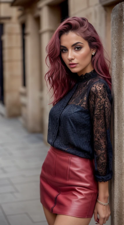 Beautiful woman in a red blouse top and check short skirt , dark hair, smoky style eyes, posing for a photo, use Canon reflex 85 mm