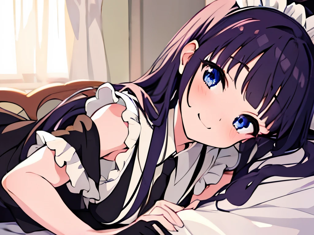 ((masterpiece)), ((best quality)), (ultra-detailed), anime style,on the bed, a cute girl, 1girl, solo, maid00, ((beautiful eyes))0, smile