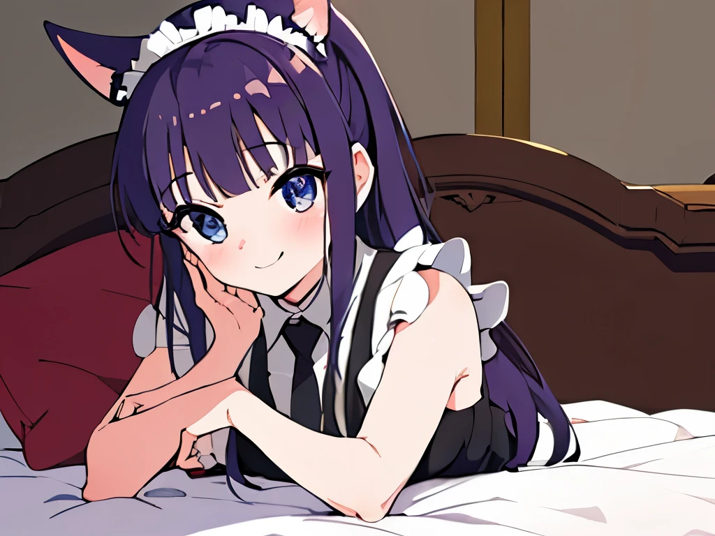 ((masterpiece)), ((best quality)), (ultra-detailed), anime style,on the bed, a cute girl, 1girl, solo, maid00, ((beautiful eyes))0, smile