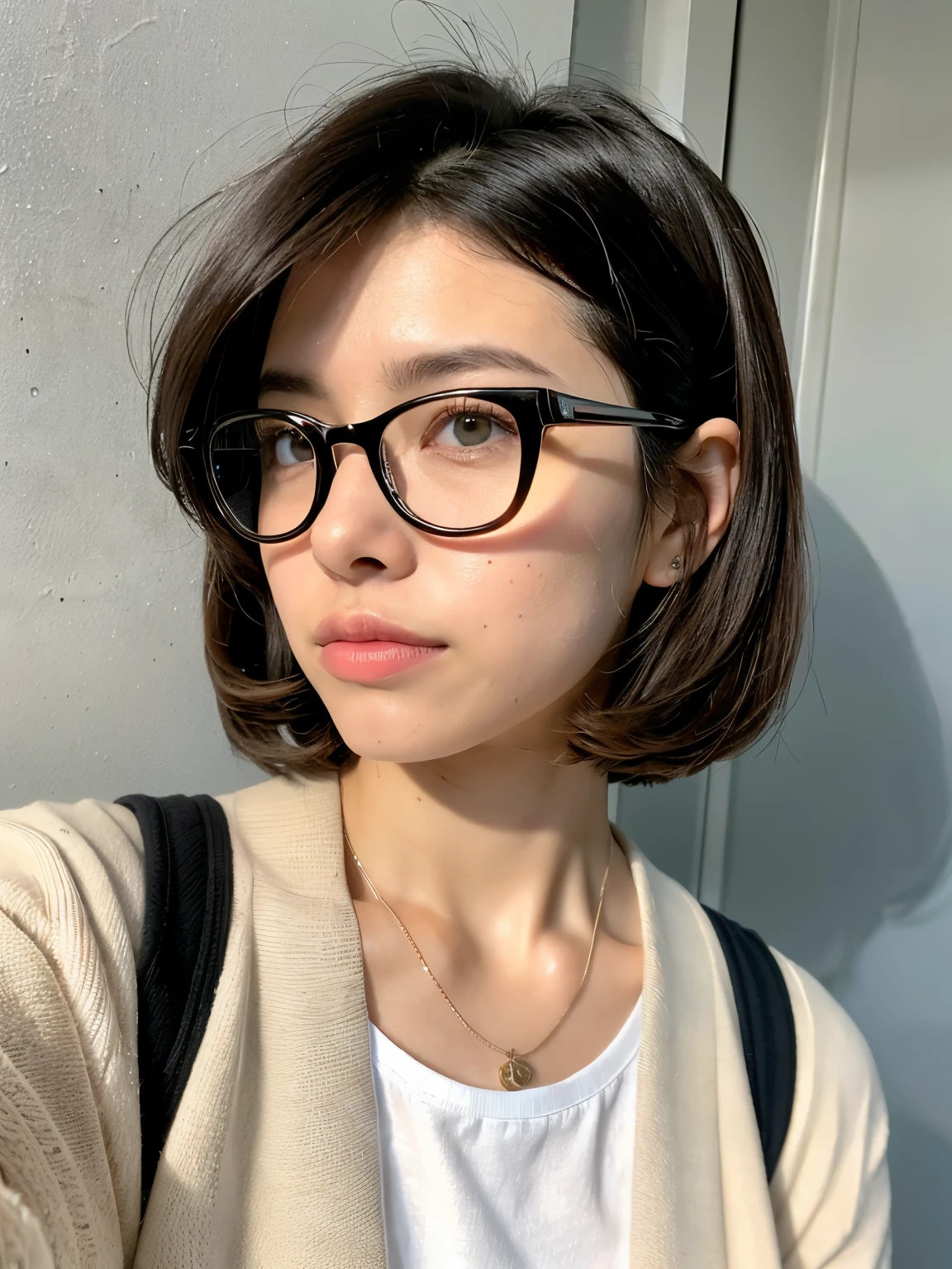 32 years old whole body instant polaroid (slim:1.1) Beautiful (Japanese :1.5) Woman, Black Hair Mature Woman, (fish-eye lens:1.3),white walls、Taken in front of the white door、(窓のあるwhite wallsの部屋), Photorealsitic, (Film grain:1.4), (masutepiece:1.2),Best Quality、angular jawline, high cheekbones, large dull hazel eyes, Black-rimmed glasses、a short bob、keep two fingers at face level、Don't look at the camera、Woman looking to the side、Autumn clothes、Winter clothes、Simple Necklace、Winter clothes、jaket、Poses variadas、(((Shot in natural light)))、(reddish brown bob cut hair)、Highly detailed facial and skin texture、very detailed lips、The correct state of the human body、Crouch down、crouching down